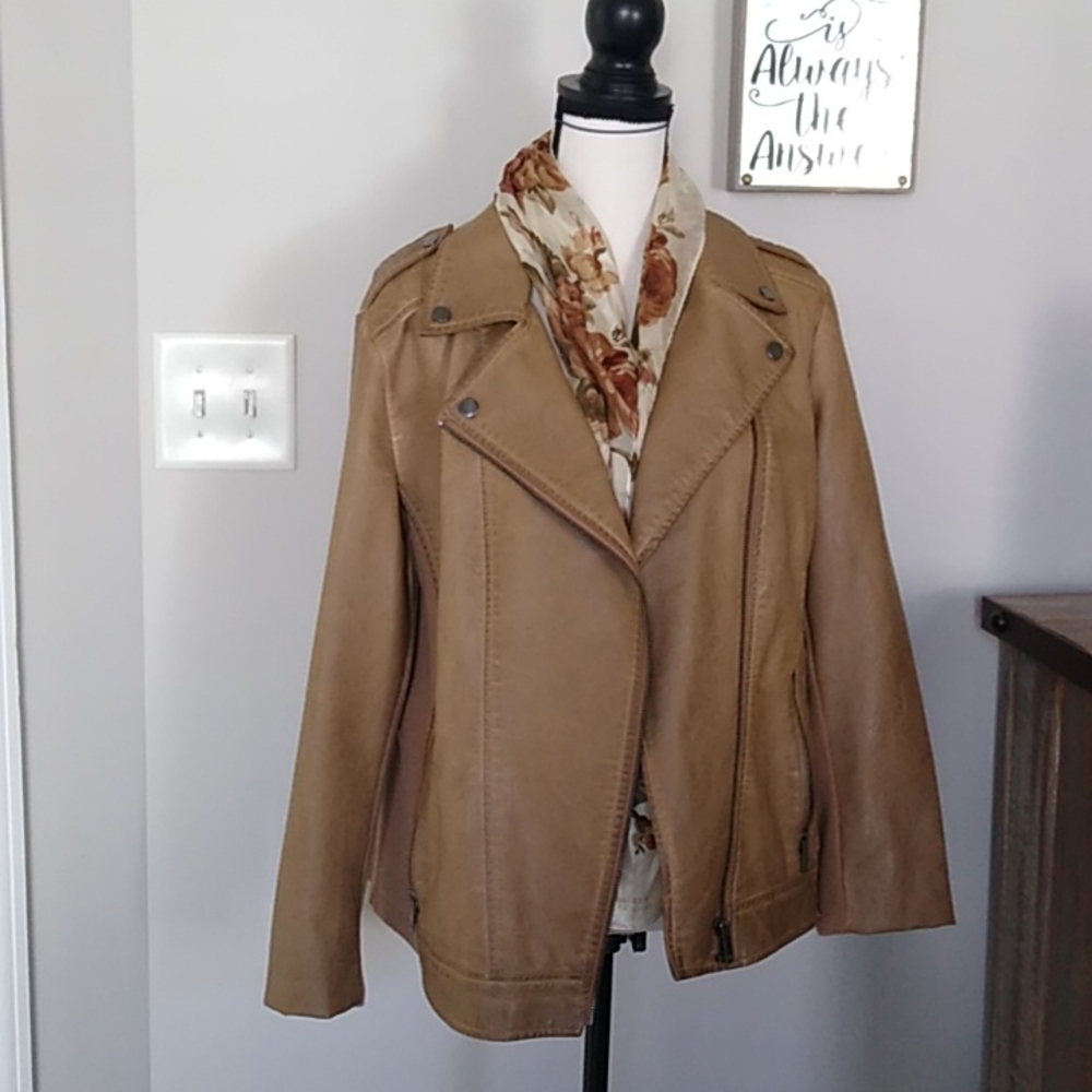 Beautiful tan faux distressed look leather jacket